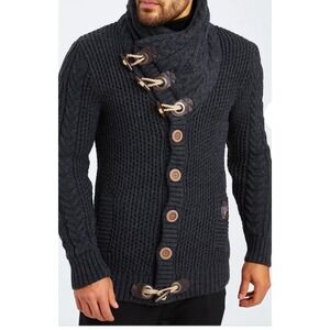 Leif Nelson Cardigan Stand Up Collar Mens Toggle Button Cable Knit Grey Large